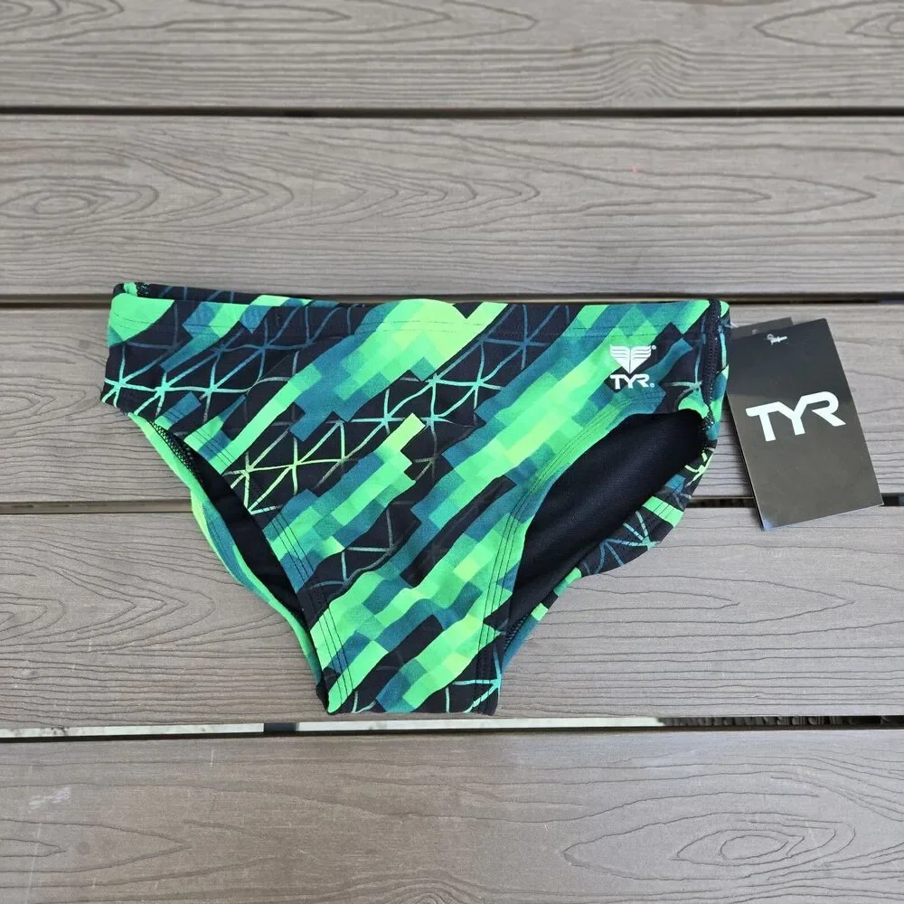 TYR Boy's Men's Echo Dash Geometric Green Swim Racer Briefs SZ 28 New